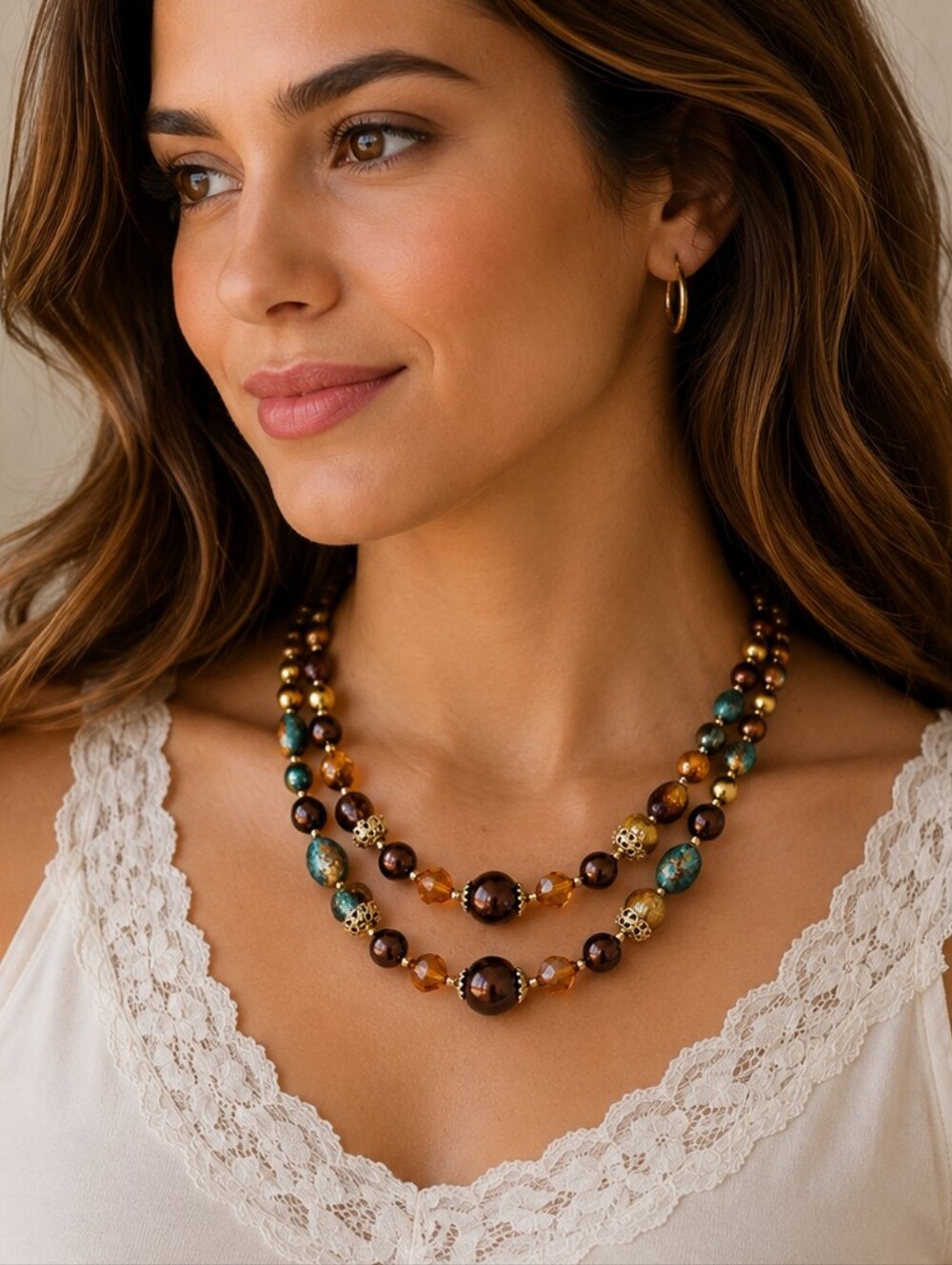 Vintage Japan Two-Strand Earthtone Beaded Layered Necklace